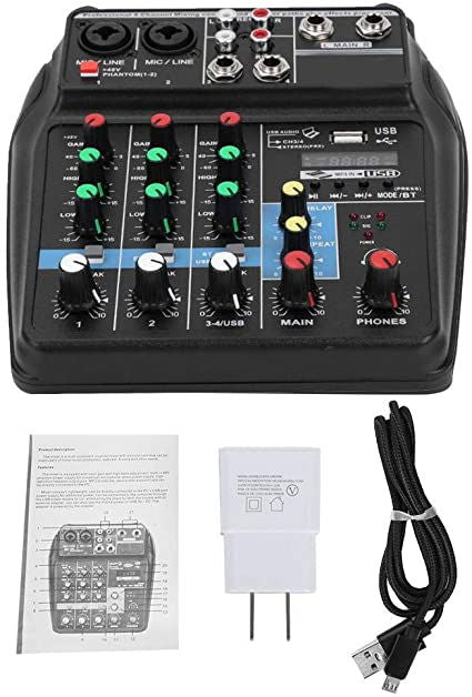 4-channel audio mixer front view with colored gain knobs and USB/phones controls