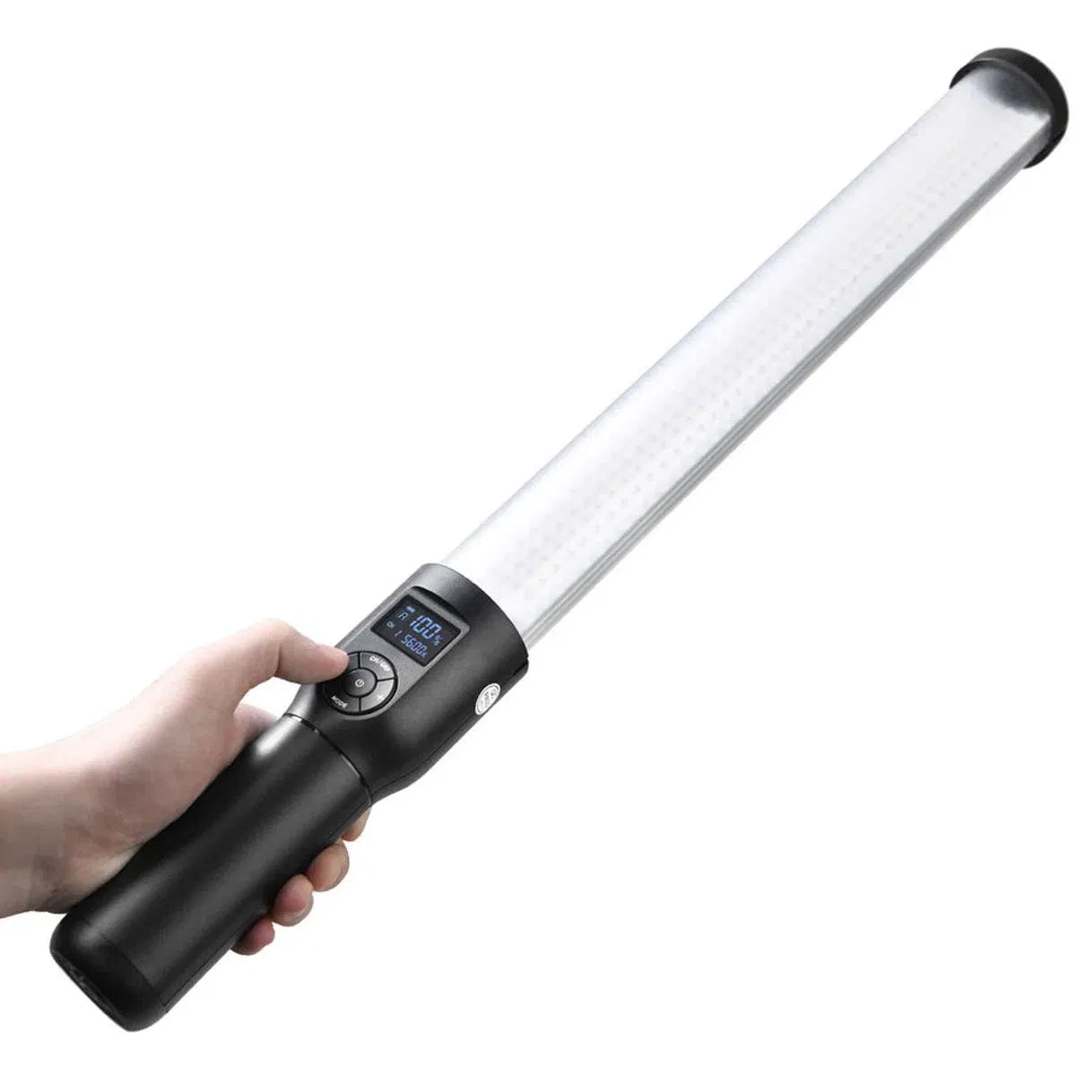 Handheld LED stick bicolor light showing bright tube and black grip with control panel