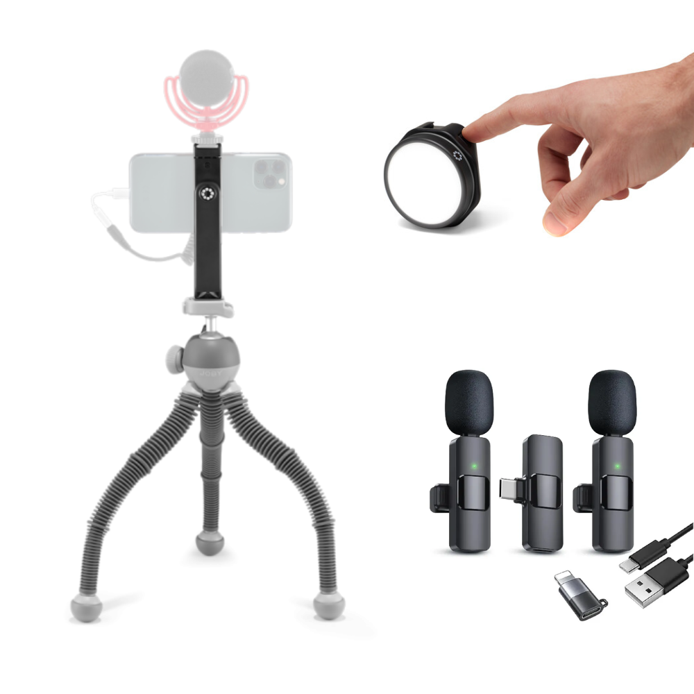 Kit Creator Smartphone cu Microfon wireless, trepied si lumina LED pentru vlogging