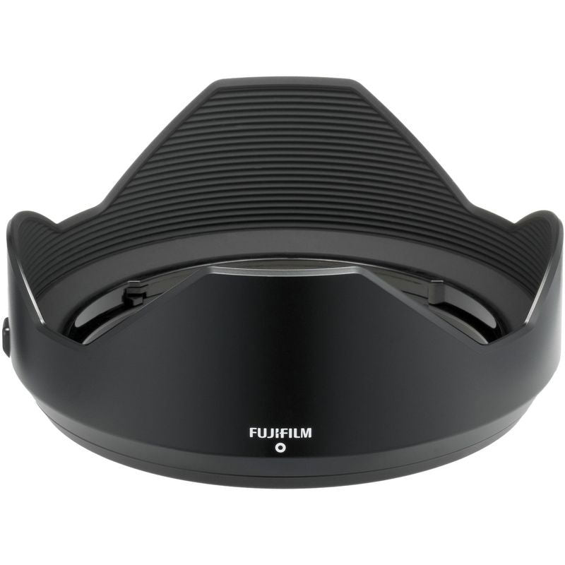Black camera lens hood with Fujifilm logo and textured grip ridges