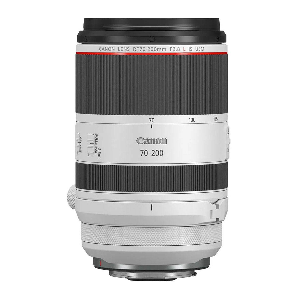 RF 70-200mm F2.8 lens straight-on view with zoom scale and grip