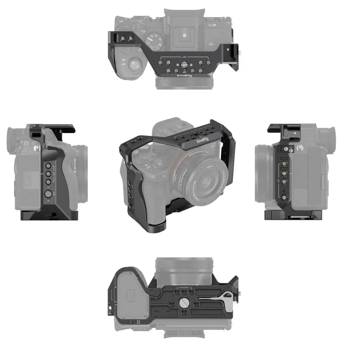 Black full camera cage shown from multiple angles on a mirrorless body