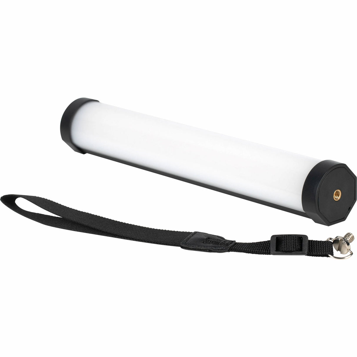 RGB LED tube light with black end cap and carry strap, cylindrical diffuser body