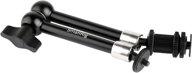 Articulating 11-inch camera rig arm with dual clamp joints and knurled adjustment collars