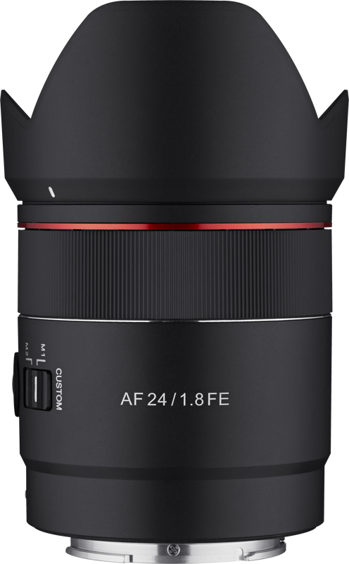Front view of black AF 24mm f/1.8 FE lens with red accent ring and ribbed barrel