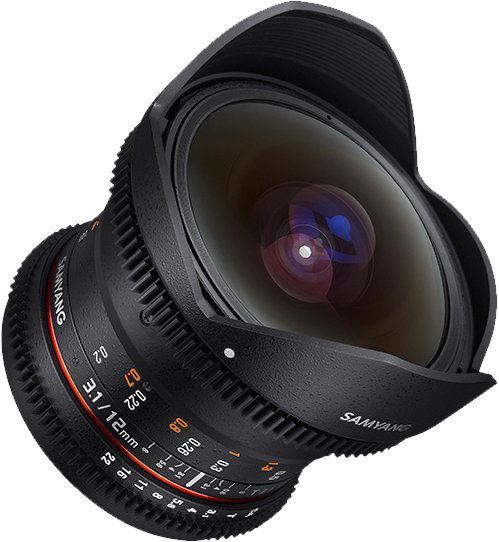 Fisheye lens front element in black housing, with red and orange focus markings