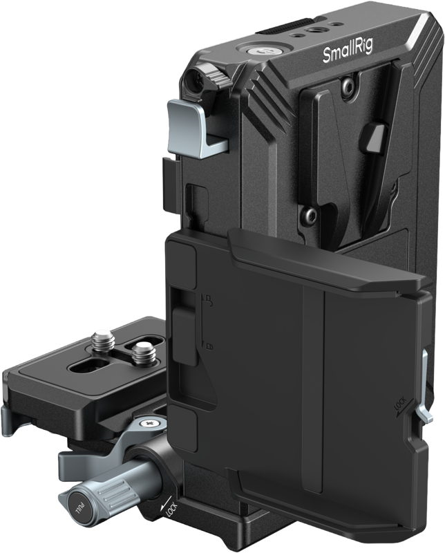 Black V-mount plate kit close-up with mounting ports and side handle