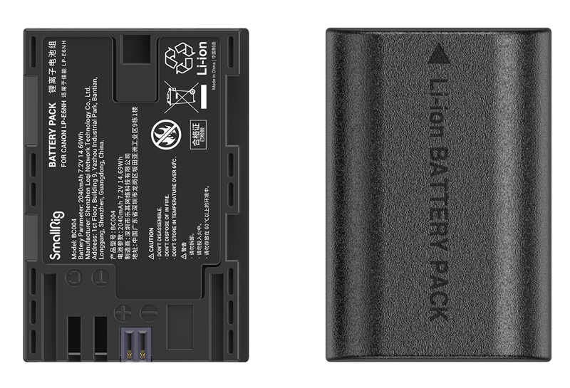 LP‑E6N battery pack back side with label, recycling and safety icons