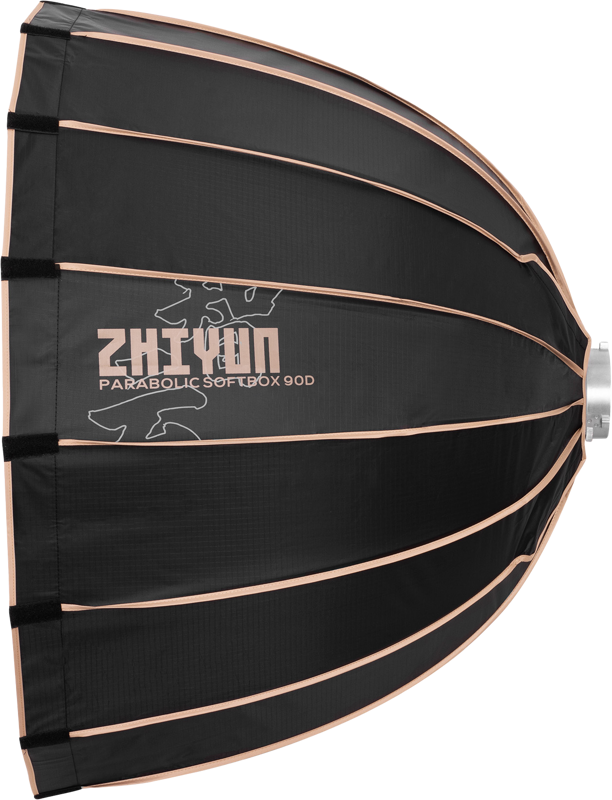 Black parabolic softbox 90cm exterior with copper trim and printed brand text