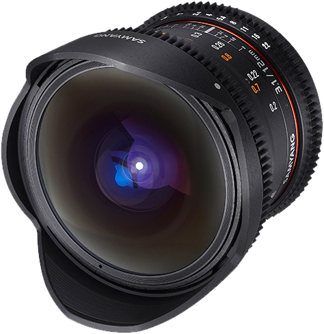 Black fisheye lens angled view showing large front element and textured focus ring