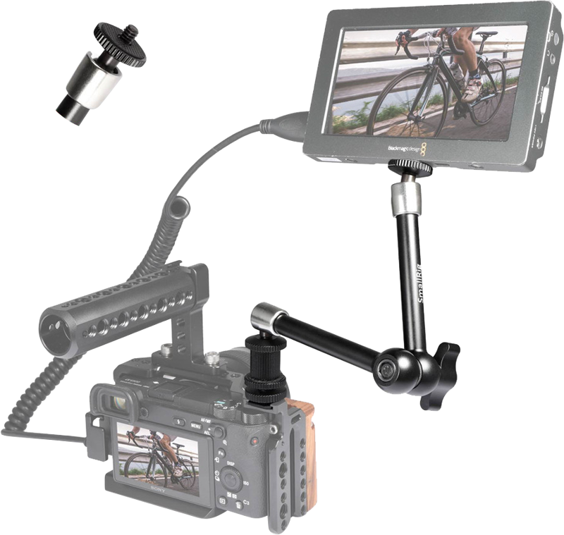 Articulating arm setup holding a monitor and camera, with ball joint and mounting base