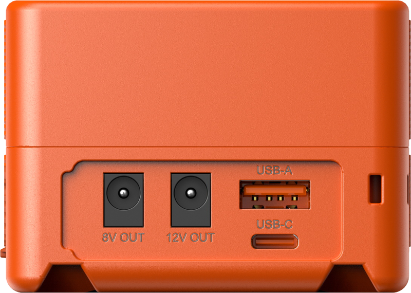 Orange V-mount battery bottom ports: 8V OUT, 12V OUT, USB-A and USB-C