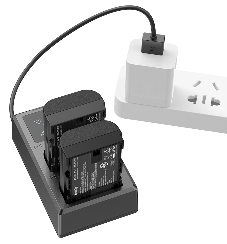 Dual charger dock with two LP‑E6N batteries and plug-in power adapter