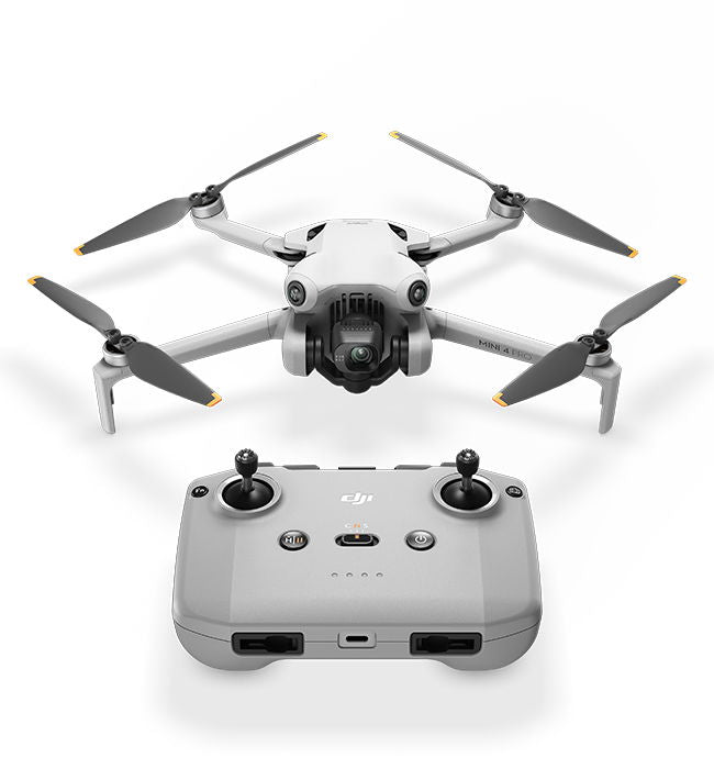 Mini 4 Pro drone front view, folded propellers, camera gimbal, white body