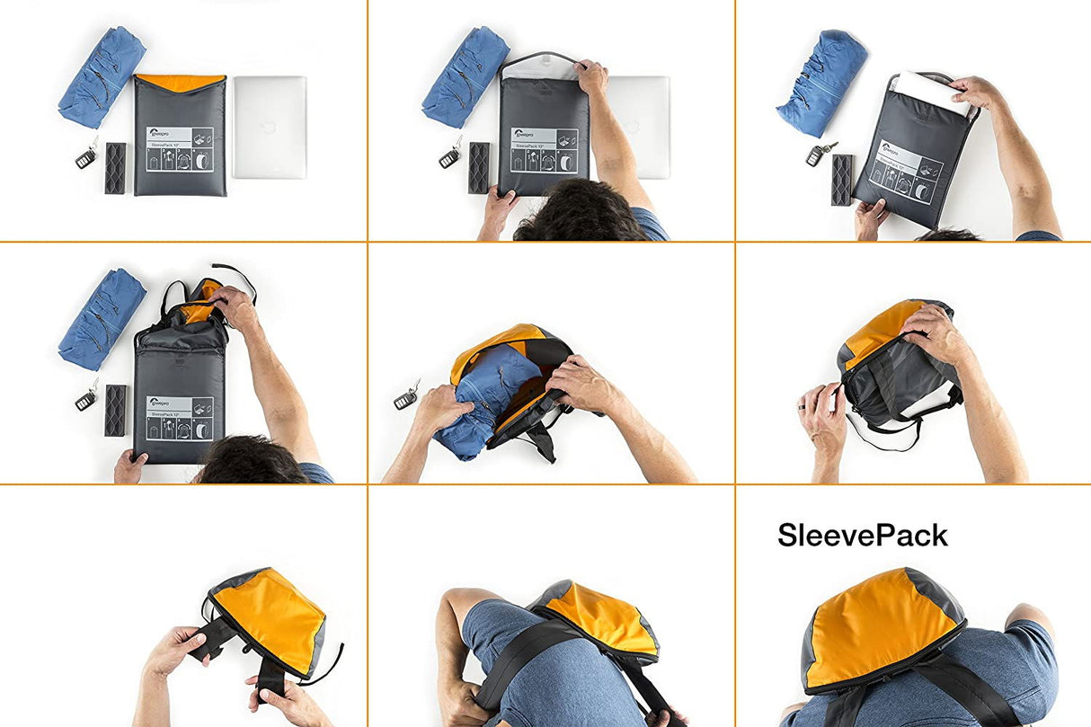Rucsac pliabil Lowepro SleevePack 13 în proces de împachetare, în mai multe cadre