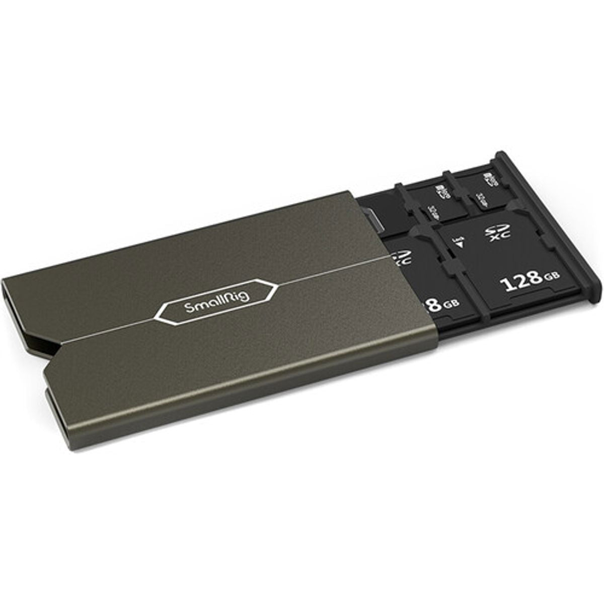 Gray memory card case open, black insert with multiple memory card slots