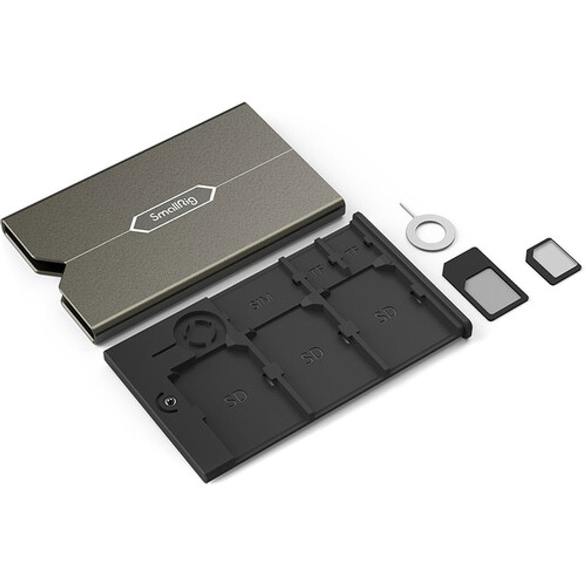 Open gray memory card case with black insert and SD card slot sections