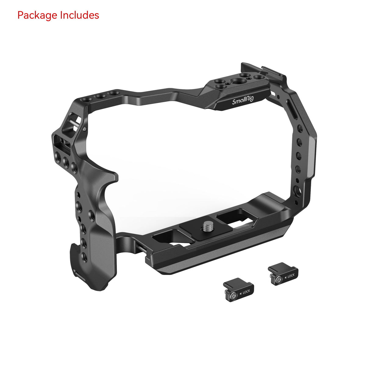 Camera cage frame with mounting holes; includes two lock pieces