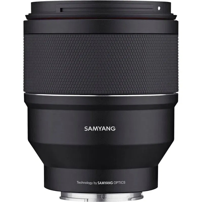 Black 85mm F1.4 lens with textured middle ring and rear mount flange