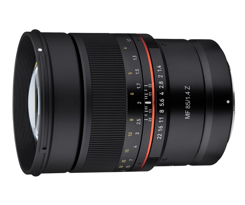 85mm F1.4 MF lens side view, textured focus ring with orange/red depth markings