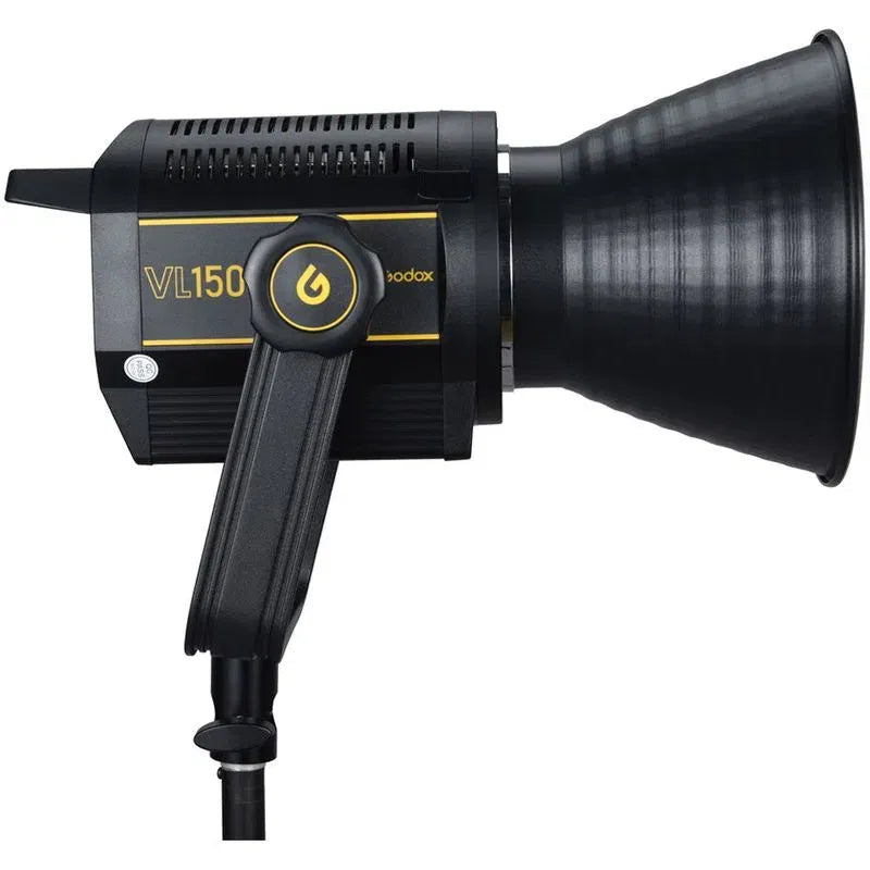 VL150 LED video light with adjustable stand mount and large reflector, front-left view
