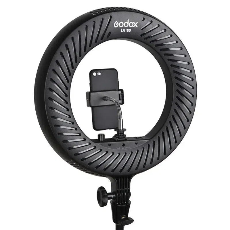 Circular LED ring light with phone mount, black body and adjustable arm