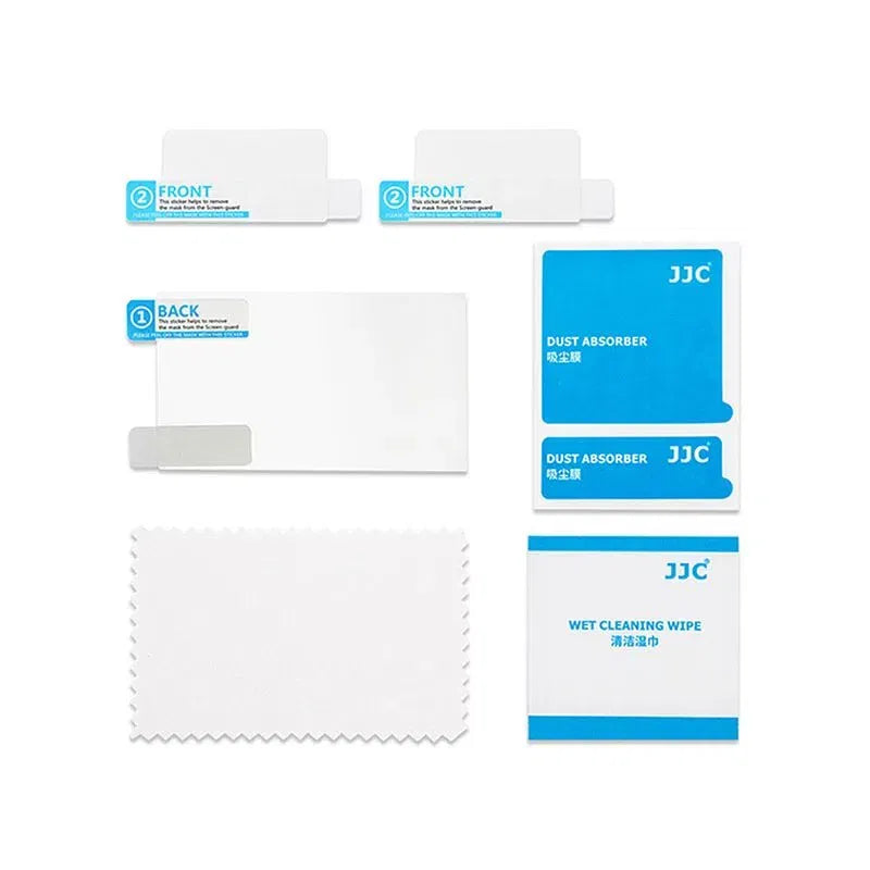 Set of camera LCD screen protectors with dust absorber and wet cleaning wipe
