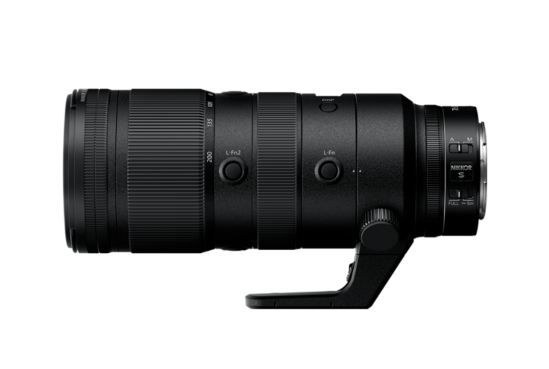 Angled view of black 70-200mm f/2.8 VR S zoom lens with tripod collar handle