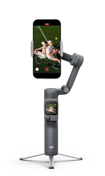 Phone gimbal stabilizer on tripod with screen preview and compact control display