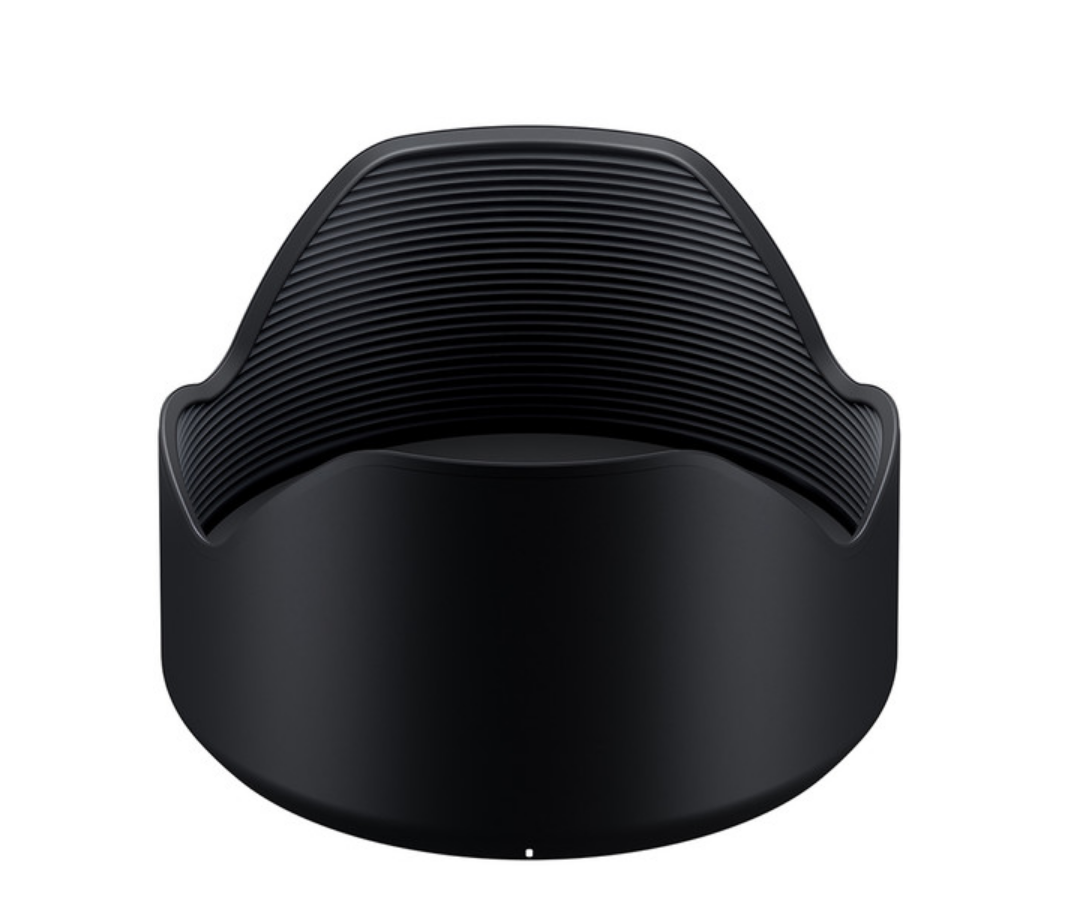 Black lens hood end with ribbed outer texture and curved rim