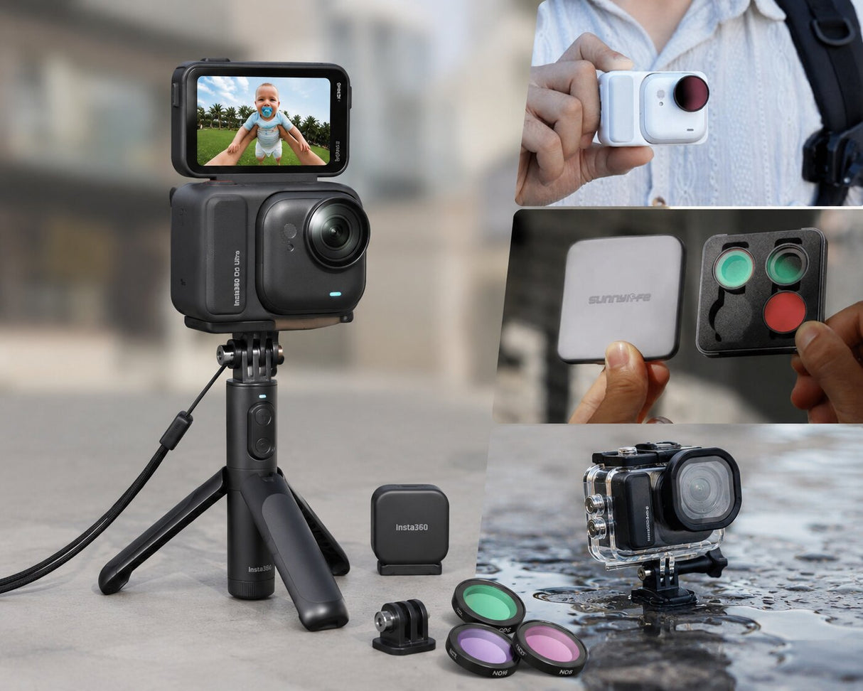 Cameră video de acțiune neagră cu suport trepied și telecomandă, accesorii