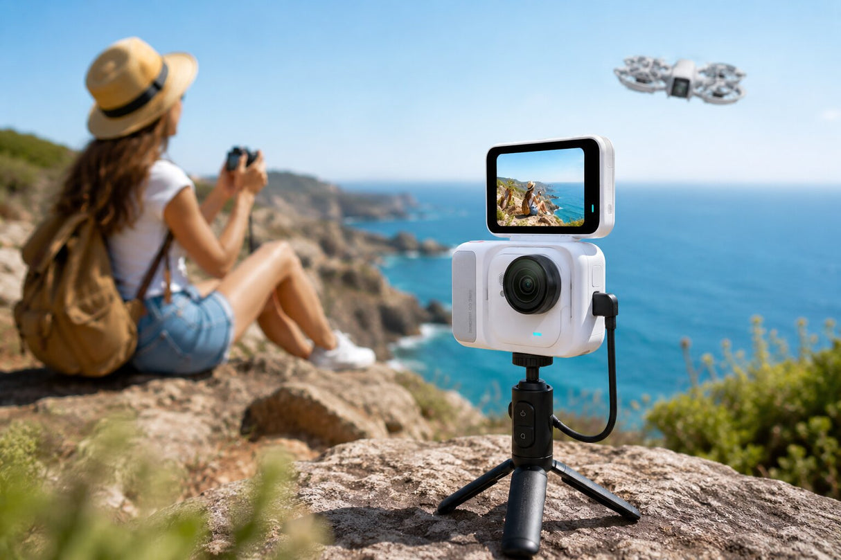 Cameră albă pe trepied cu ecran activ și dronă cu elice