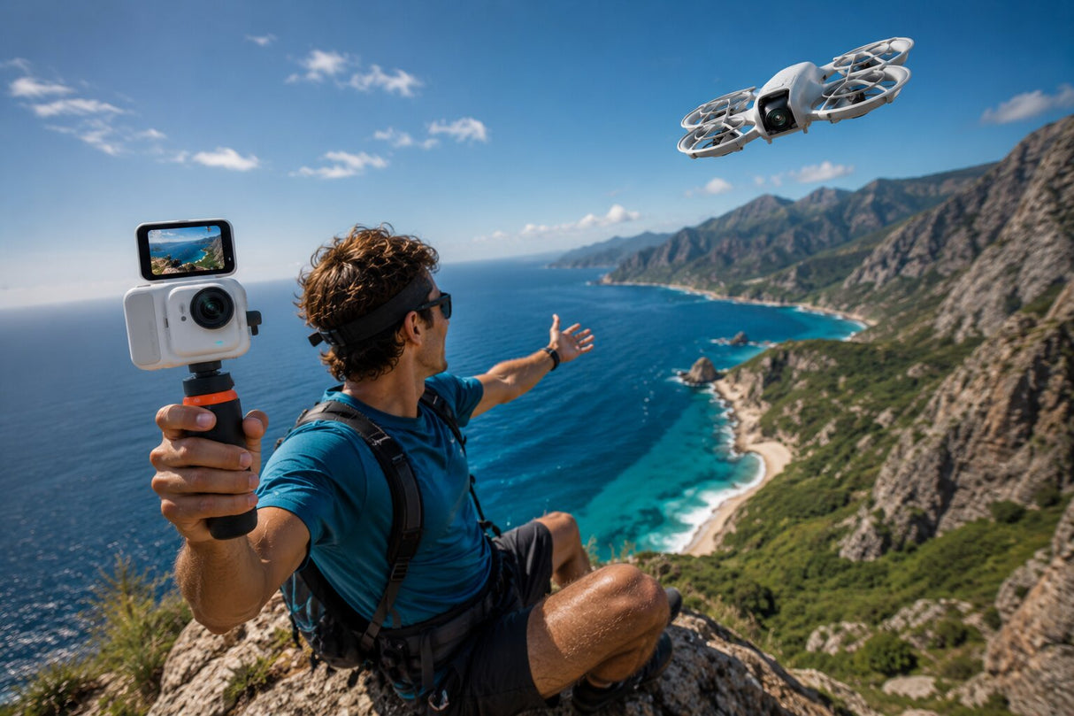 Cameră albă pentru drone cu ecran, ținută în mână