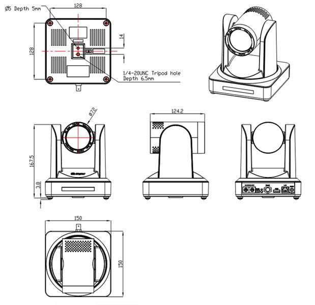 PTZ camera dimension diagram showing tripod hole and front/side/top views