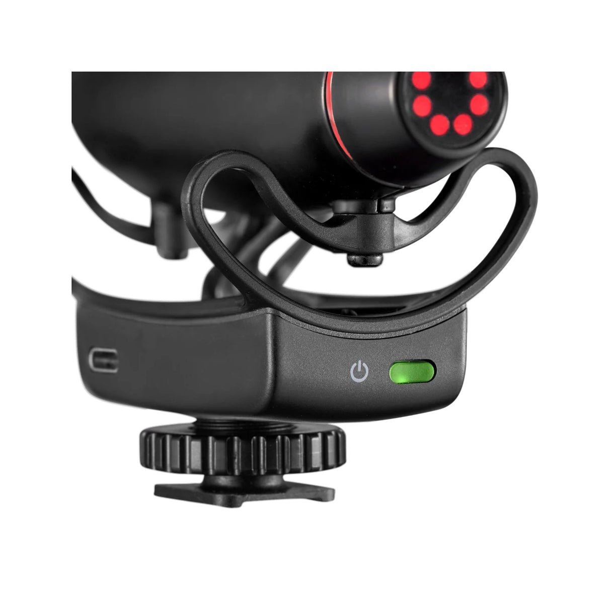 Black shotgun mic base with green power light and metal adjustment dial