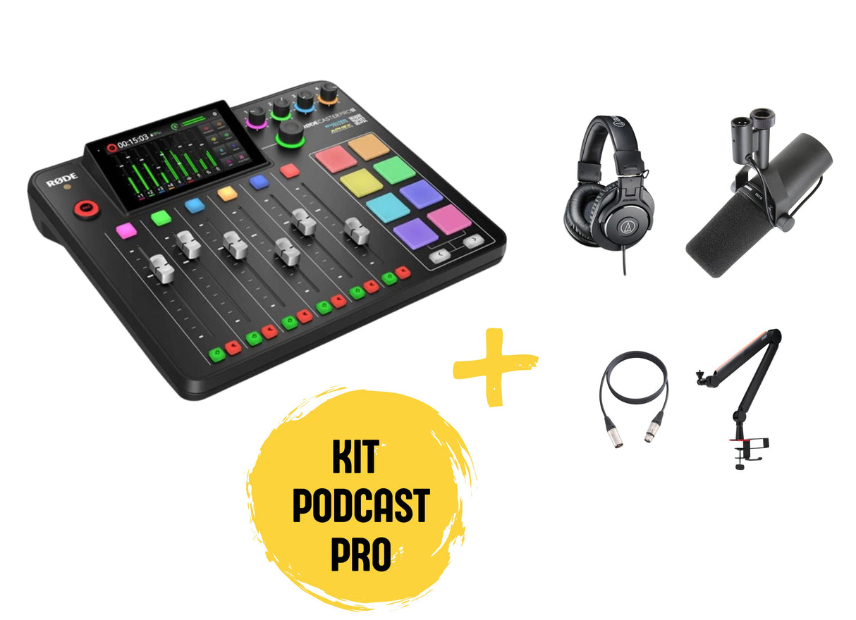 Stație audio Rodecaster Pro II cu căști și microfon Shure SM7B, accesorii cabluri și suport.