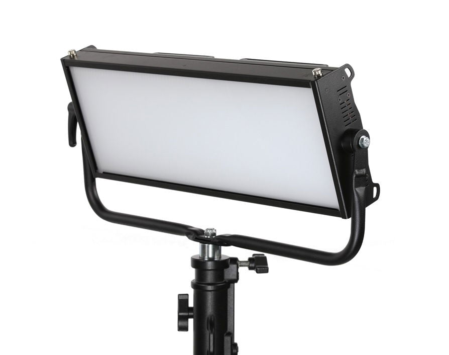 Black LED panel light with rectangular diffuser and metal mounting yoke