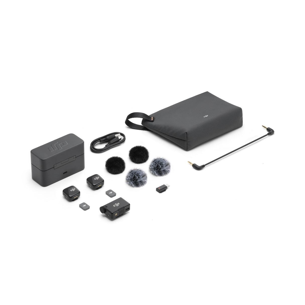 Set microfoane wireless cu accesorii: cutie, cabluri și puf pentru capsule