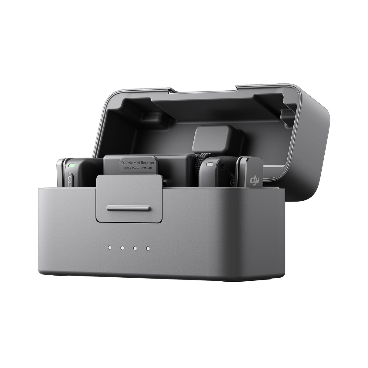 Cutie microfoane wireless deschisă cu două capsule DJI și ecran central