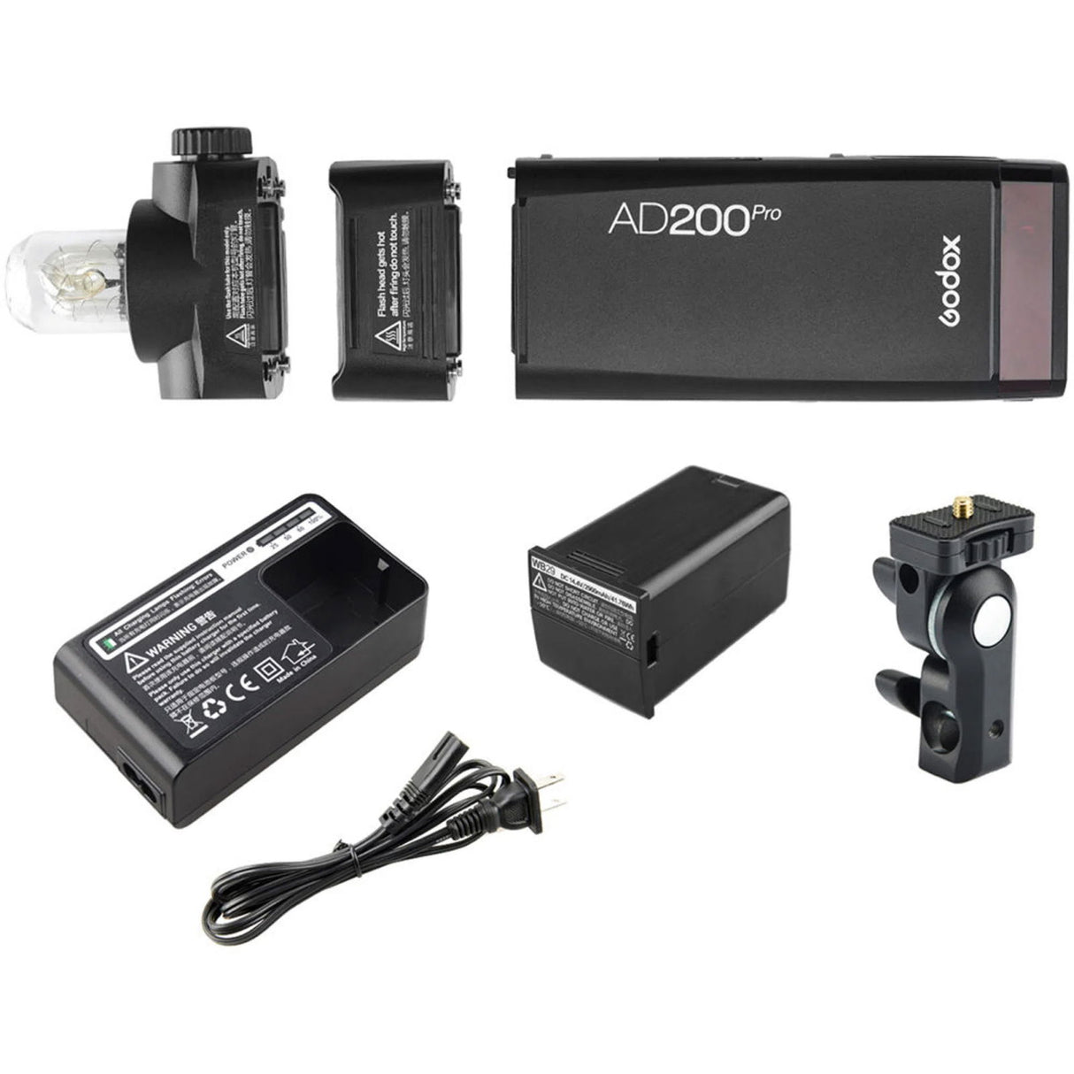 AD200Pro TTL flash kit with battery pack, charger, cables, and mount bracket