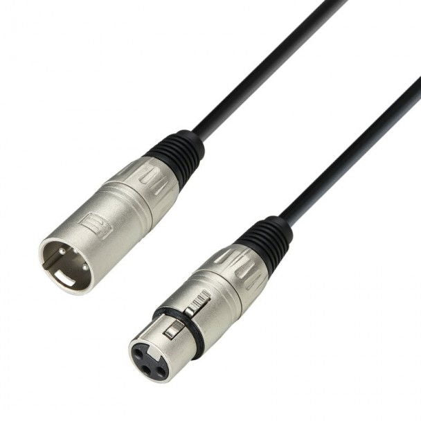 XLR microphone cable with male and female connectors, black cable and locking collars
