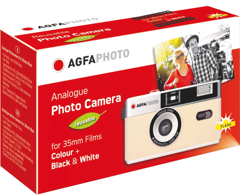 AgfaPhoto analog photo camera box for 35mm reusable film, color and black & white