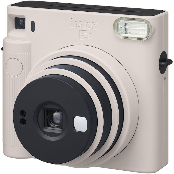 Chalk white Instax SQ1 instant camera close-up of lens rings and view area