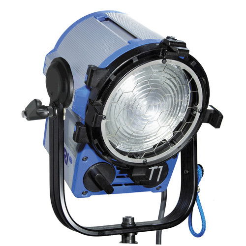 Blue stage light with front lens and barn doors, mounted on a black yoke stand