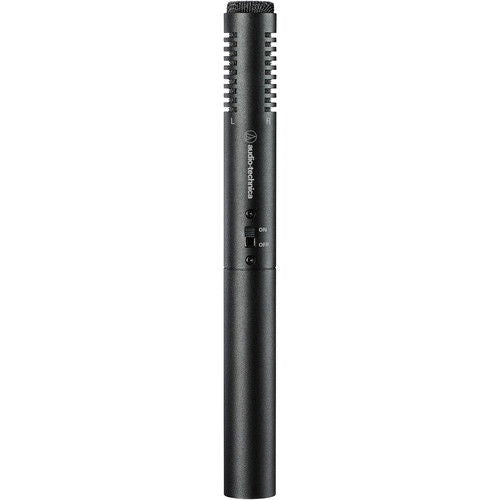 Black stereo condenser microphone with grille and on/off switch