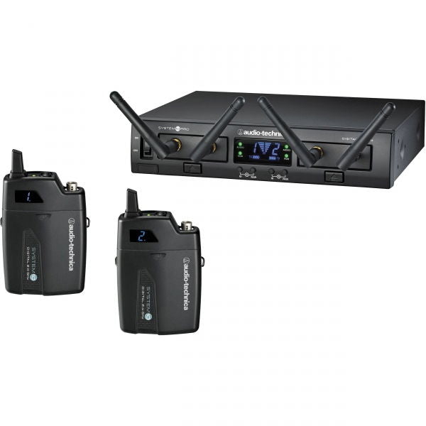 Wireless microphone set with rack receiver and two handheld transmitters with antennas