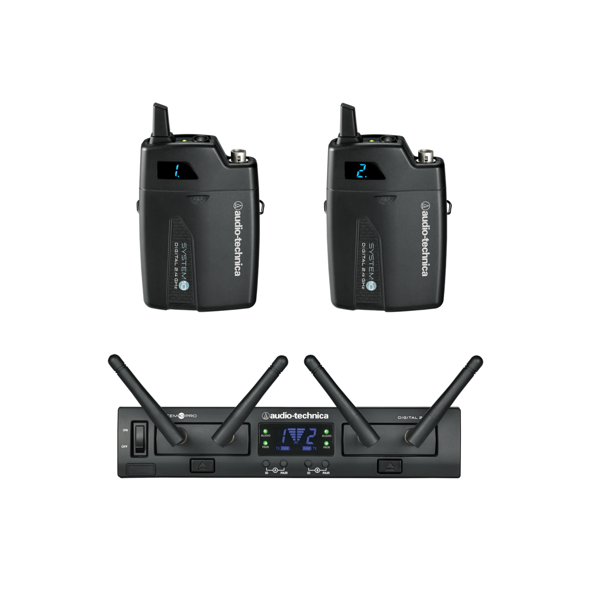 Front view: rack wireless receiver with display and two handheld transmitters
