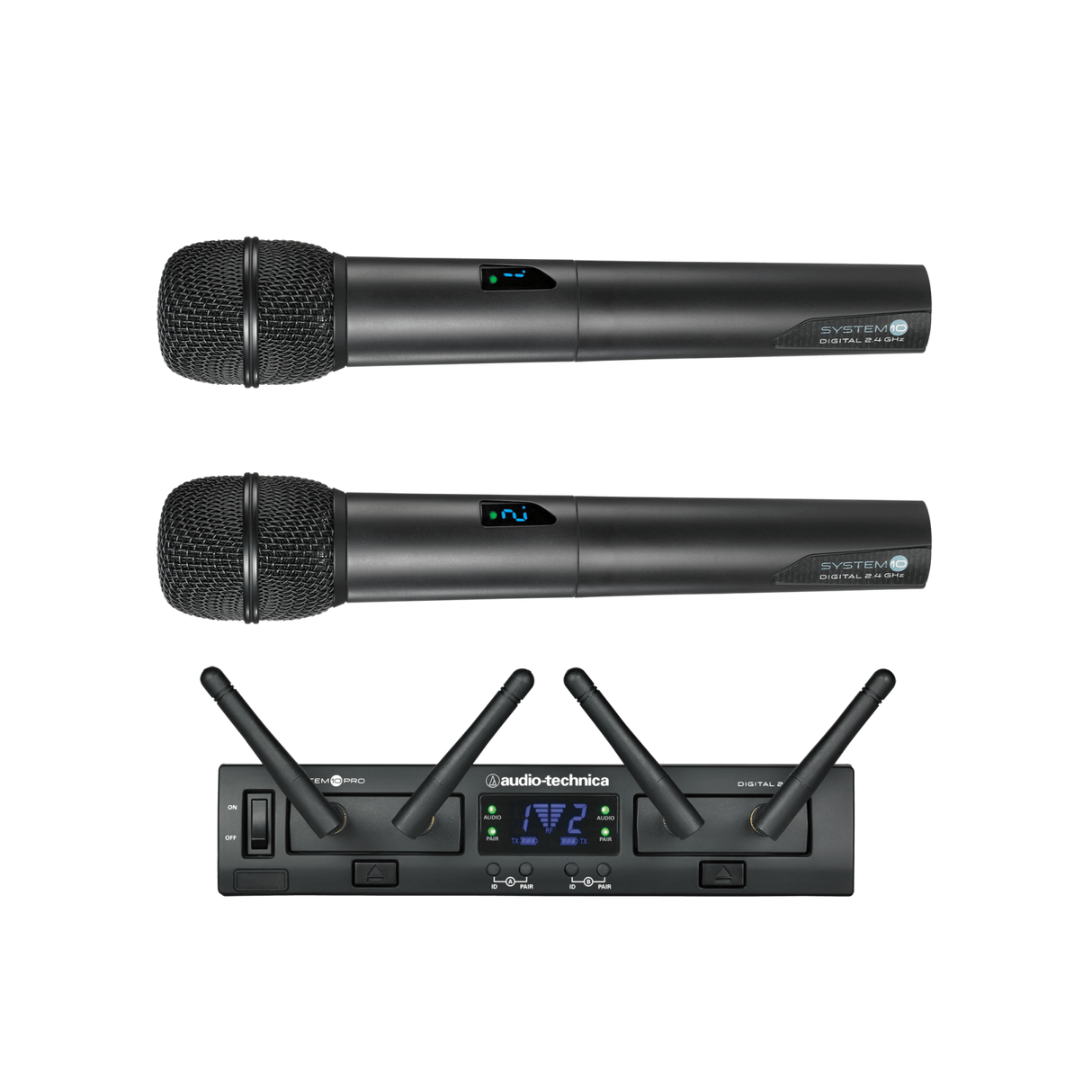 Wireless digital microphone set: two handheld mics and receiver with antennas