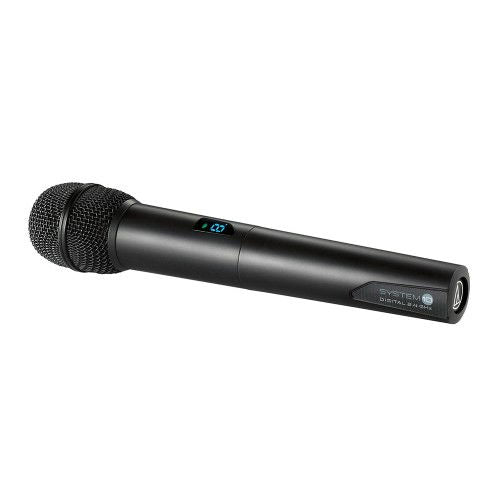 Handheld wireless microphone with metal grille and status display on body