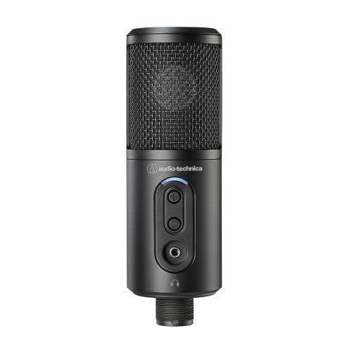 USB microphone front view with mesh top and control buttons
